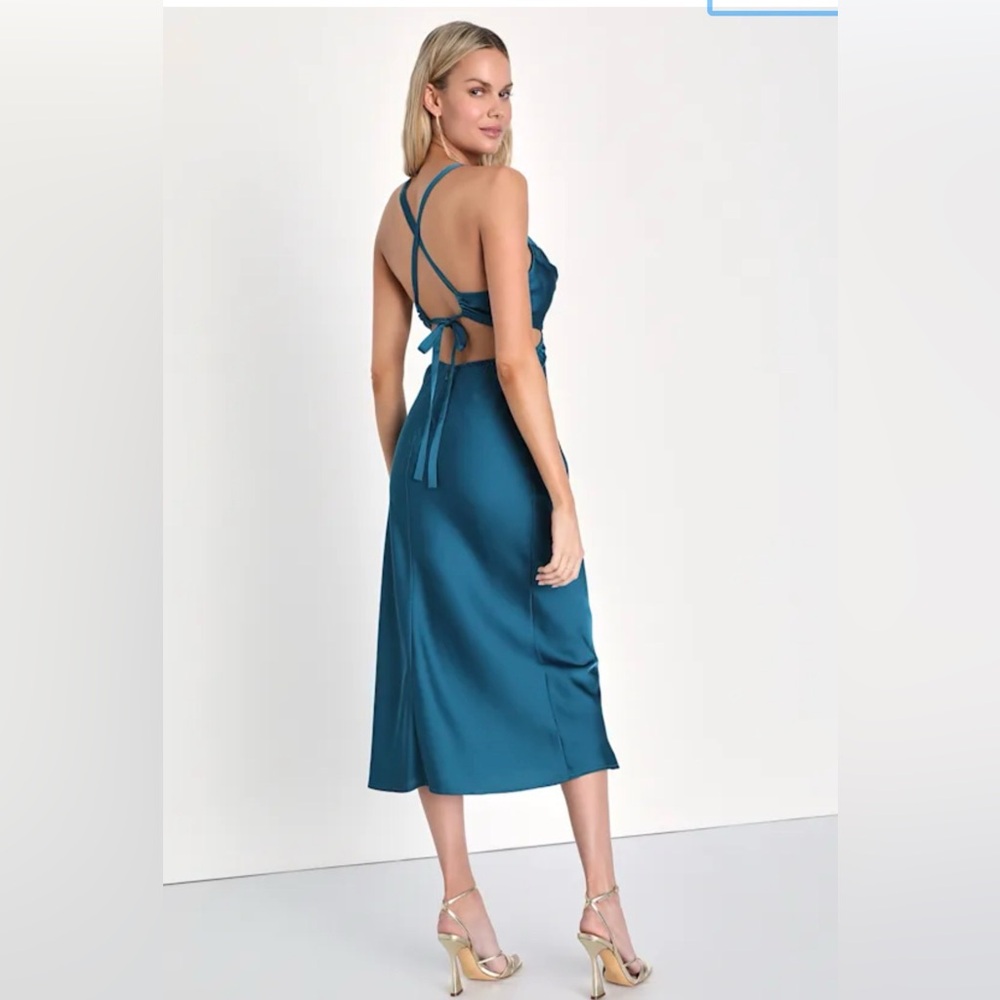 Lulu’s Stun to Remember Turquoise Satin Cowl Neck Cutout Midi Dress
